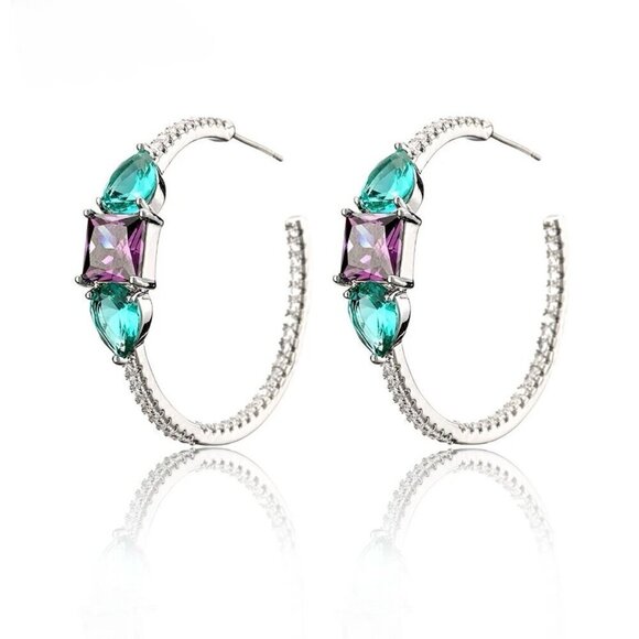 NWT Statement Hoop Earrings 14K Gold Plated Green CZ Purple Green Crystals - Picture 9 of 12